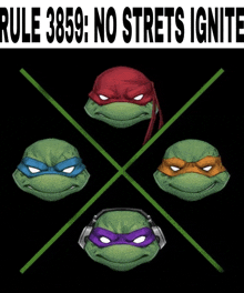 a poster of teenage mutant ninja turtles with the words rule 38599 no sret ignite