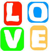 the word love is displayed in four different colored squares