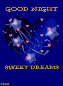 a good night sweet dreams card with a blue heart and stars