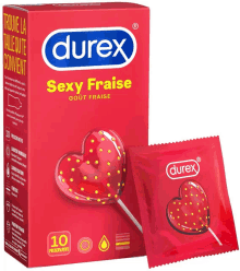 a box of durex sexy fraise condoms next to a package