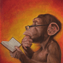 a chimpanzee wearing glasses is holding a book