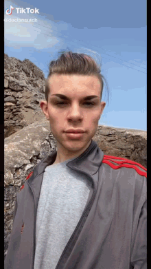 a young man wearing a grey shirt and a grey jacket with red stripes is standing in front of a mountain .