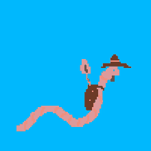 a pixel art of a worm wearing a cowboy hat and carrying a backpack