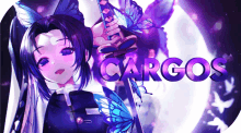 a girl with purple hair is holding a sword and the word cargos is behind her