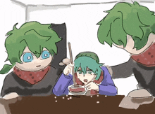a drawing of a boy with green hair sitting at a table