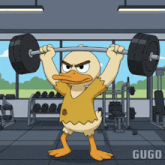 a cartoon duck is lifting a barbell in a gym with the word gugu on the bottom