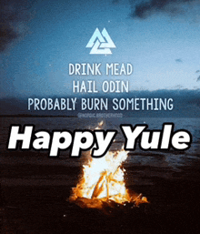 a poster that says happy yule with a picture of a fire