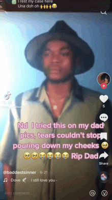 a man wearing a hat is on a tiktok with a caption that says " nd i tried this on my dad "