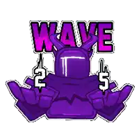 a purple cartoon character is holding a sign that says wave