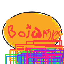 a colorful drawing of a yellow circle with the word bojamies written on it