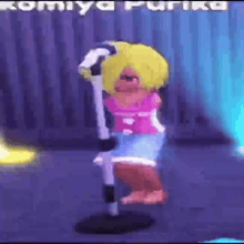 a cartoon character is singing into a microphone in front of a sign that says komiya furika