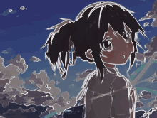 a drawing of a girl with a ponytail looking at the sky