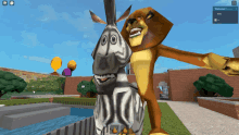 a zebra and a lion are posing for a picture in a game