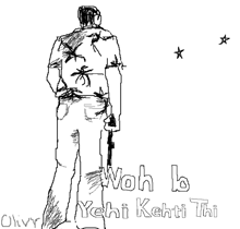 a black and white drawing of a man holding a gun with the words wah la yehi kehti thi
