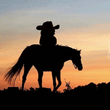 a person in a cowboy hat is riding a horse at sunset