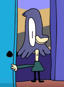 a cartoon character is standing in a doorway with a purple head