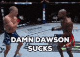 two men in a boxing ring with the words damn dawson sucks