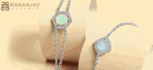 two bracelets with opal and diamonds are displayed in front of a banner for ranajay exports