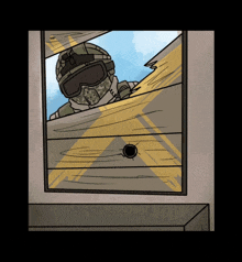 a cartoon of a soldier looking through a window