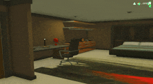 a computer generated image of a bedroom with a bed and desk