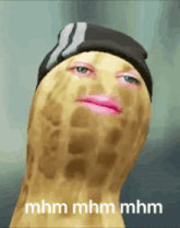 a peanut with a hat on has the words mhm mhm mhm written below it