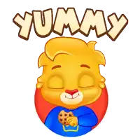 a cartoon character holding a cookie with the word yummy behind him