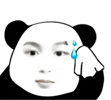 a panda bear is sweating with a tear coming out of his forehead .