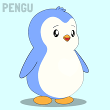 a penguin is holding two hearts and the word pengu is on the bottom right
