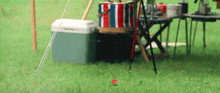 a cooler is sitting on top of a lush green field next to a table .