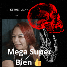 a woman with red hair is next to a skeleton hand and a skull that says esther lichy