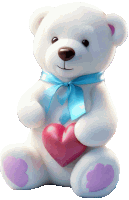 a white teddy bear holding a pink heart with a blue bow around its neck