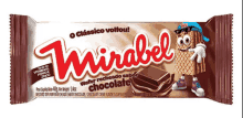 a package of mirabel chocolate wafers with a mascot