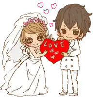 a bride and groom holding a red heart that says forever