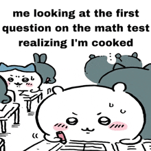 a cartoon of a bear looking at the first question on a math test