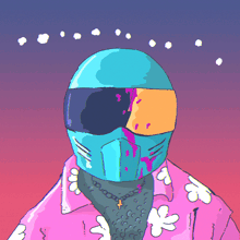 a colorful drawing of a person wearing a helmet and a pink shirt with the word paradise written on it