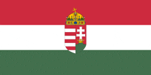 a red white and green flag with a coat of arms on top