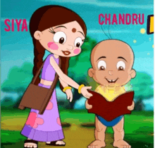 a cartoon of a woman standing next to a baby holding a book with the words siya and chandra on the bottom