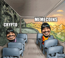 a cartoon of two men sitting on a bus with the word memecoins on the bottom