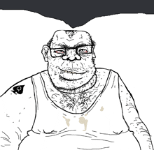 a drawing of a man with glasses and a tattoo on his arm