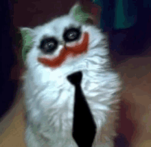 a white cat with a joker face painted on its face and a black tie .