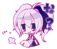 a drawing of a girl with purple hair and a question mark in the background