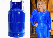 a woman in a blue dress next to a blue cylinder