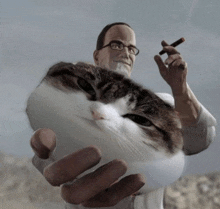 a man with glasses is holding a cat in his hands and smoking a cigar