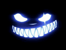 a close up of a creepy face with glowing eyes and teeth .