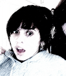 a black and white drawing of a girl with a surprised look on her face