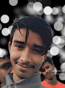 a young man with a mustache is smiling in a photo taken by photolab