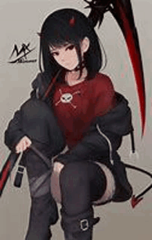 a girl with horns and a scythe is sitting on a bench .