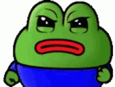 a green frog with a red mouth and a blue shirt .