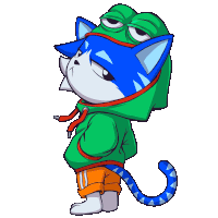 a cartoon cat wearing a green hoodie with a frog head on it