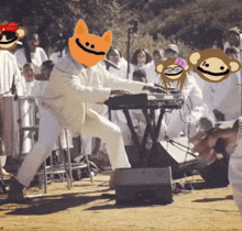 a man in a white suit is playing a keyboard in front of a crowd of people with monkey faces on their faces